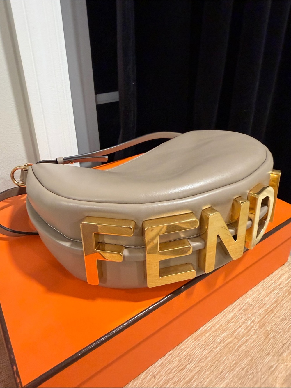 Fendi Taupe Leather Mini Bag with Gold Logo